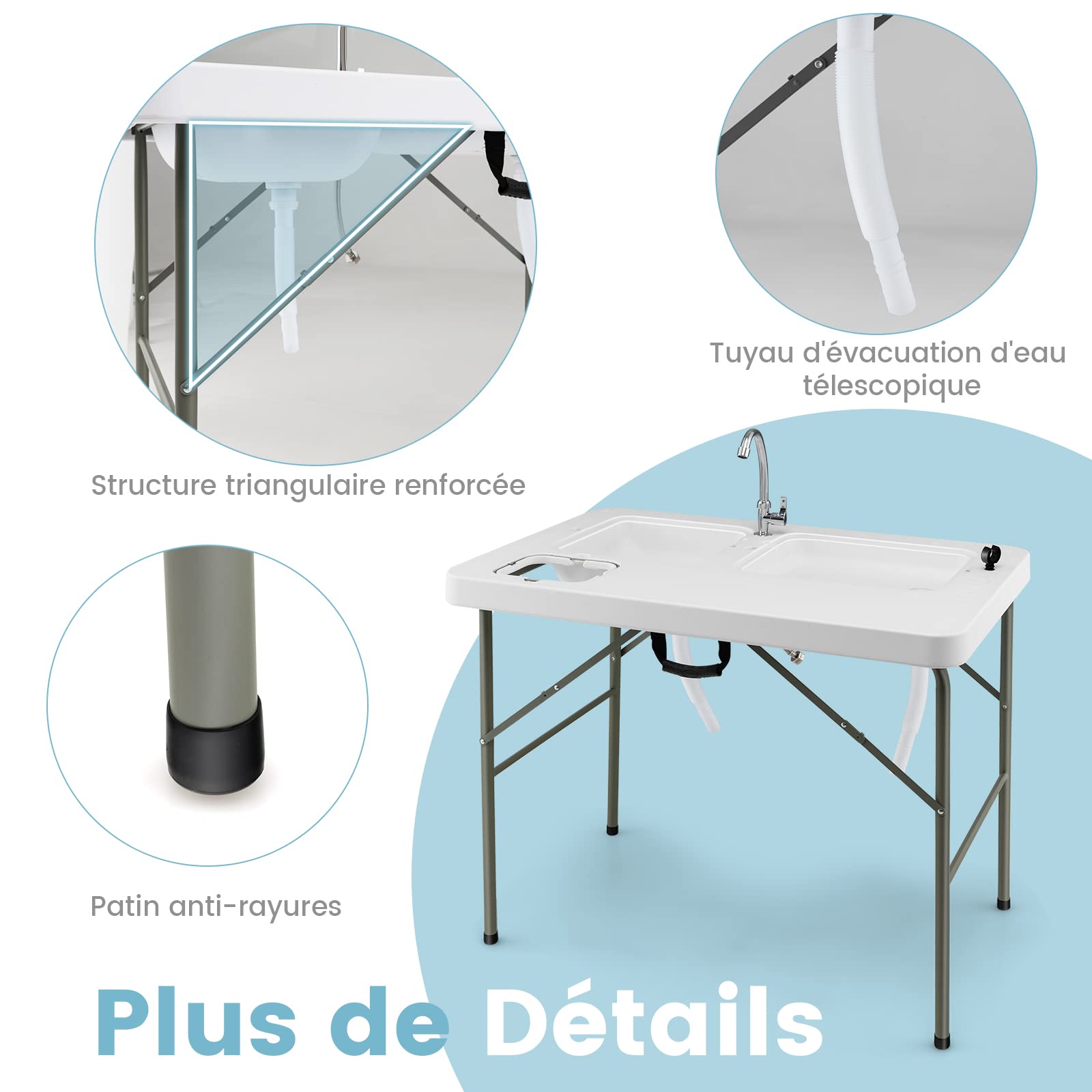 GYMAX Évier de Nettoyage de Poisson de 4 Pieds, Table Pliante avec Robinet, 2 Bassins d'eau, Corbeille à Déchets et Marques de Mesure, Évier de Cusine, Blanc