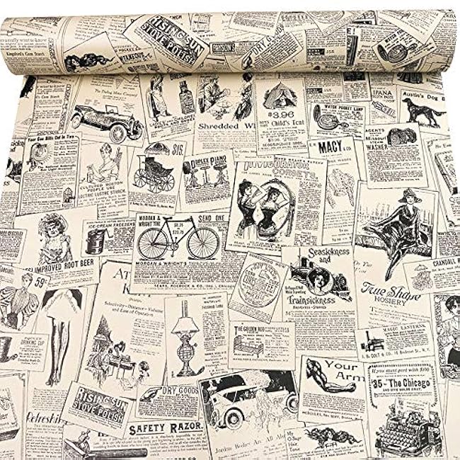 Self-Adhesive Vintage Newspapaer Wall Paper Drawer Shelf Liner for Kitchen Bathroom Cabinets Dresser Wall Crafts 17.7x117 Inches