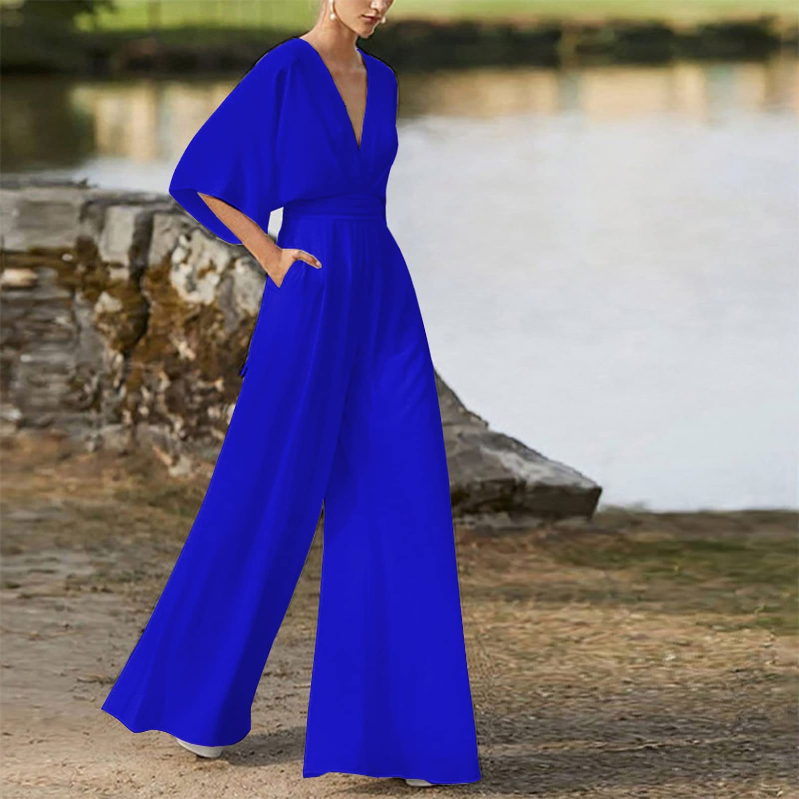Generico Salopette da Donna Elastica Pantaloni a Gamba Larga a Vita Alta a Maniche Lunghe da Donna a Maniche Lunghe a V Profonda Salopette Donna Estiva