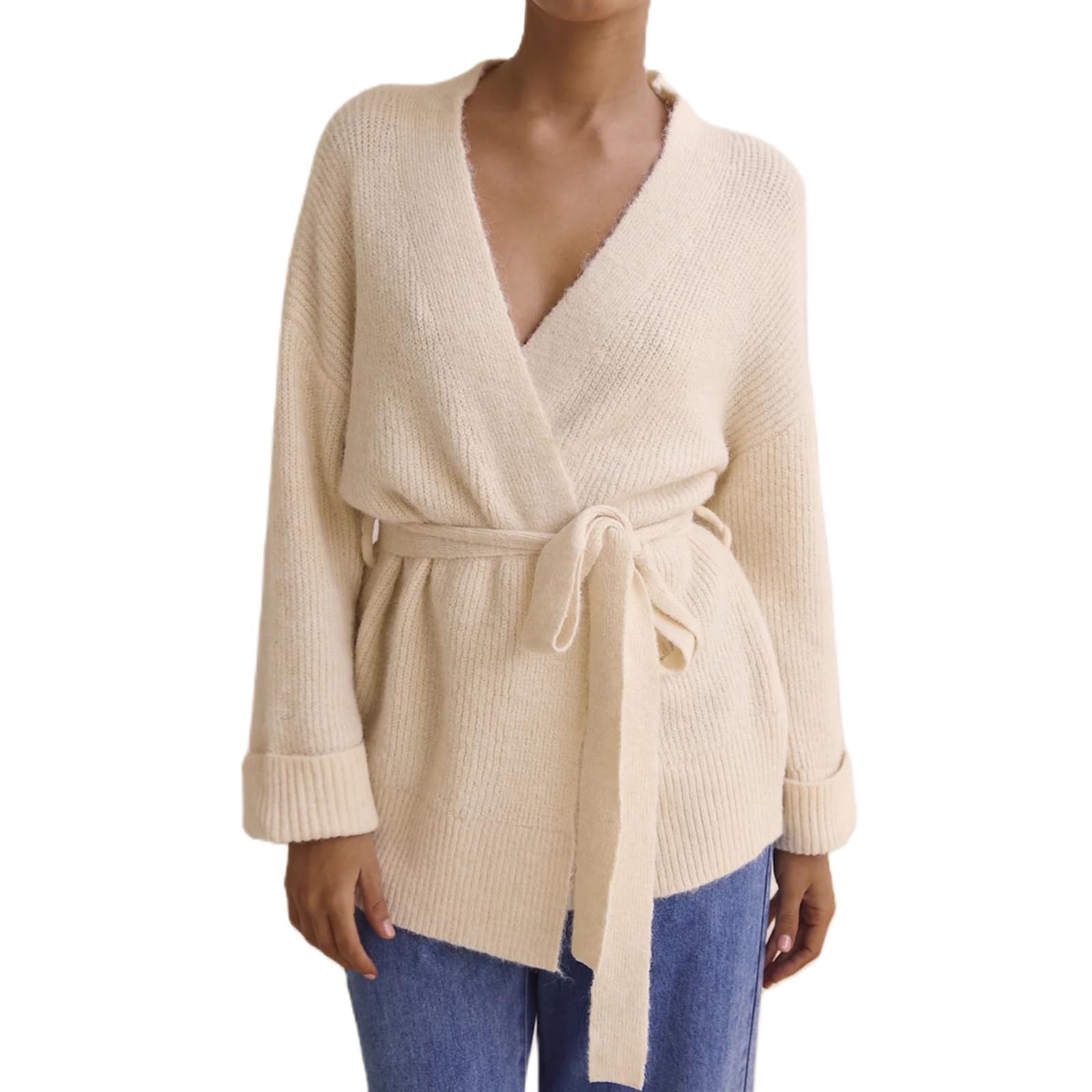 Wrap Sweater Cardigan for Women Long Sleeve V Neck Knit Coat with Belt Tie Waist Open Front Cardigan