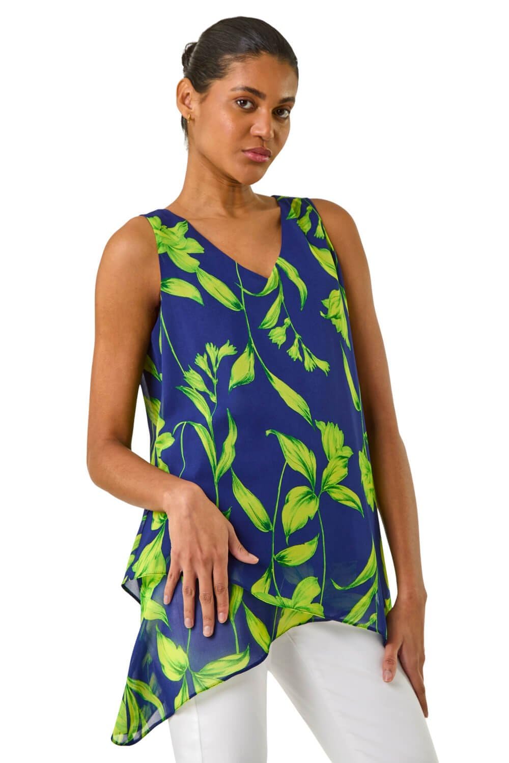 Roman Originals Women's Navy Floral Print Wrap Overlay Top For Uk - Everyday Holiday Spring Summer V-Neckline Comfy Soft Evening Vacation Work Party - Size 14