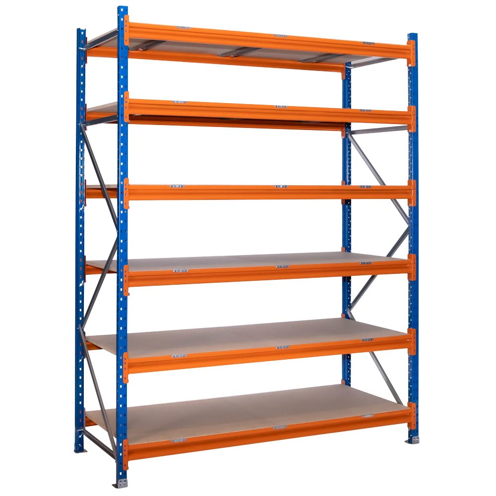 Estantería metálica media carga picking para almacenaje, sin tornillos, 2500x2100x800 mm (HxWxD) color Azul y naranja con 6 niveles de aglomerado ajustables en altura, soporta hasta 575 kg por balda