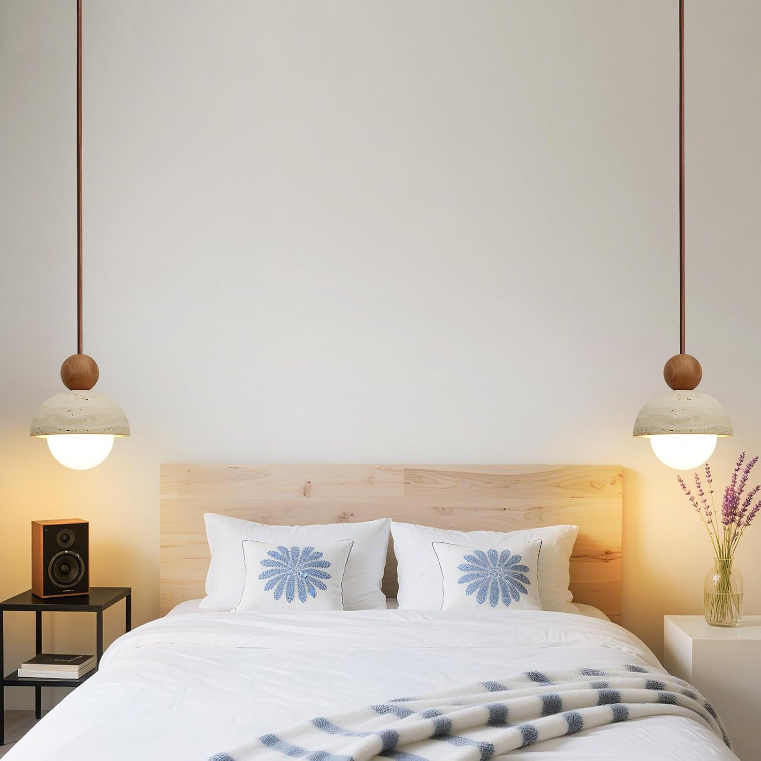 Japanese Lamp Wabi-Sabi Decor Natural Travertine Stone Pendant Light with Glass and Solid Wood Mini Pendant Lights, Using G9 Bulbs, Suitable for Kitchen Island, Dining Room, (Wood Color)
