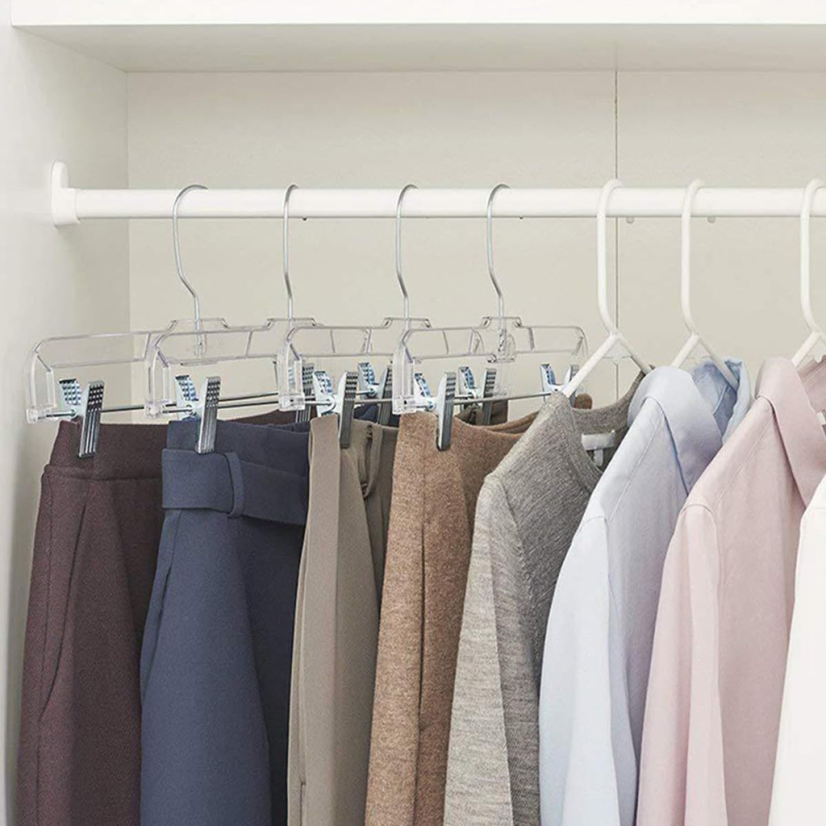 10 perchas transparentes para faldas y pantalones con clips, diseño ergonómico multifuncional y gancho giratorio para armario y exhibición minorista