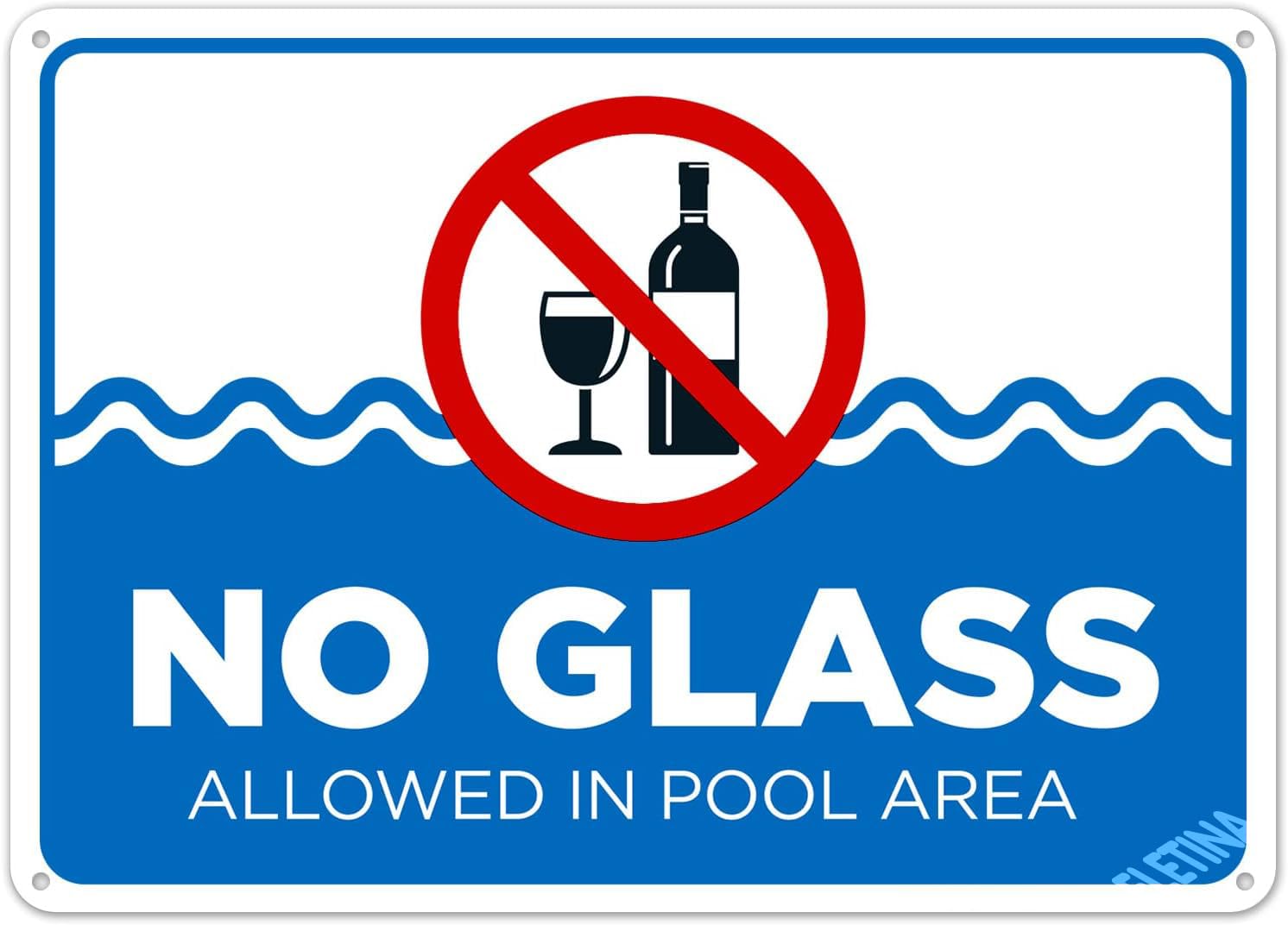 Warning Sign Pool Rules No Glass Allowed in Area Safety 8""X12"" Metal Aluminum
