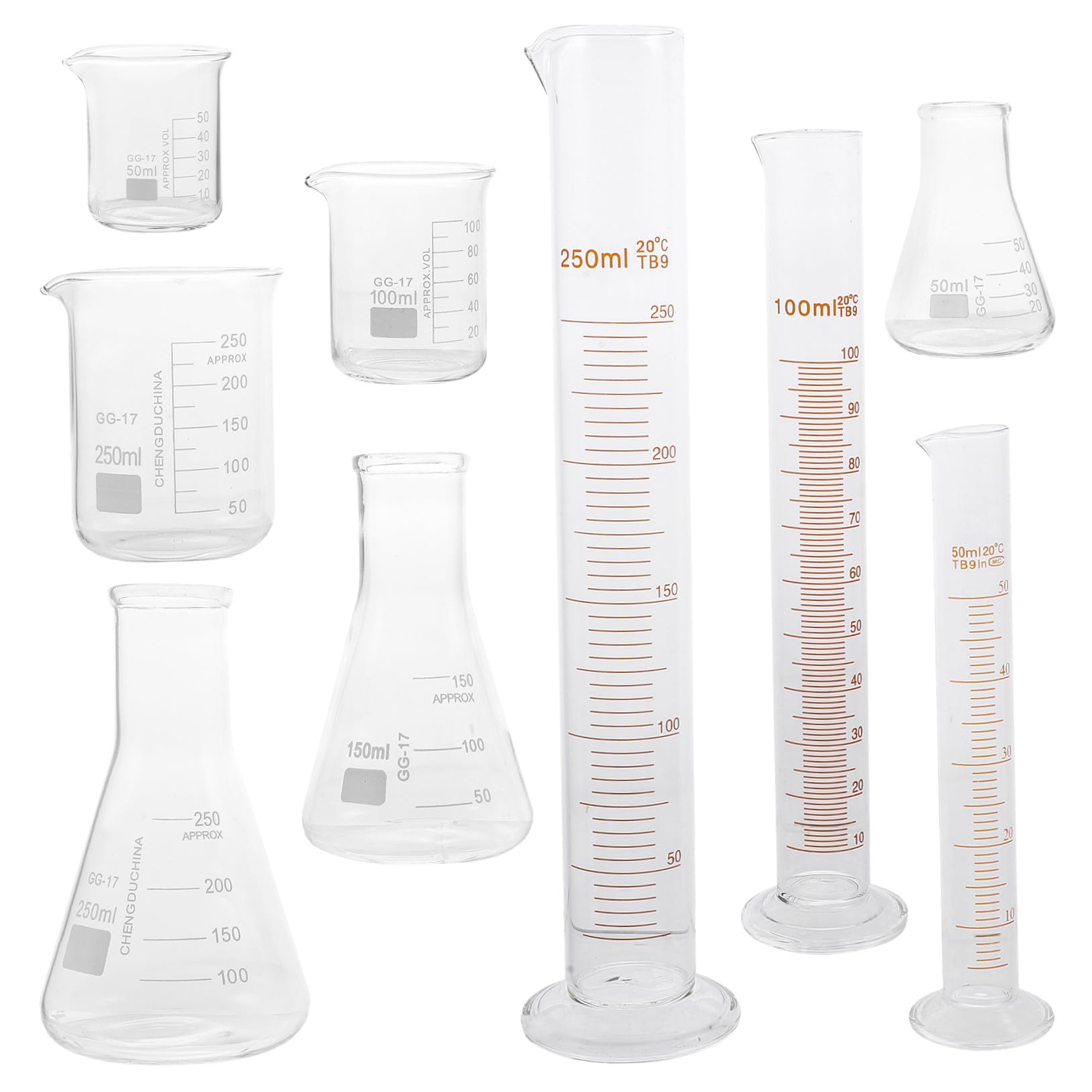 ULTECHNOVO 9piezas Cristalería Para Laboratorio Científico Incluye Vaso Medidor Escala Probeta Graduada De Vidrio y Matraz Erlenmeyer Para Experimentos Casa o Escuela