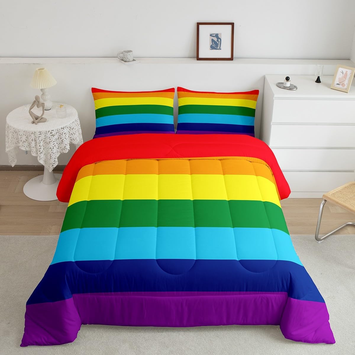 Rainbow Pride Comforter Set Full Size,Rainbow Flag Bedding Set 3pcs for Kids Teens Boys Girls Adults Room Decor, Rainbow Stripes Quilt Set Geometric Watercolor Duvet Insert with 2 Pillowcases