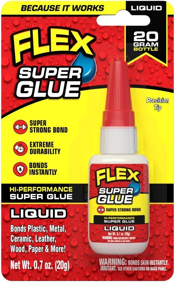Flex Super Glue Liquid, 20 Gram Bottle, 1-Pack, Clear, Instant Bond, Quick Dry, Cyanoacrylate Adhesive, Precision Tip for Wood, Metal, Plastic, Crafts, Ceramic, and Toy Repairs