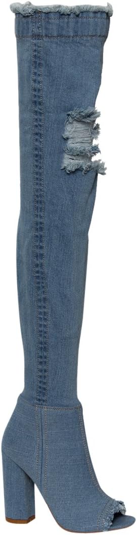 PAZZLE Una-01 Thigh High Over Knee Stretch Denim Open Toe Block Heel Boot Lite Blue