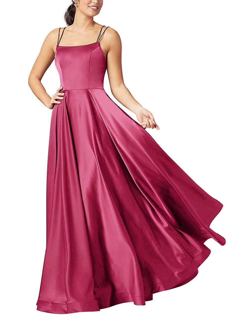XSWPL Satin Long Spaghetti Straps Prom Dresses Beach Wedding Bridesmaid Dress with Pockets