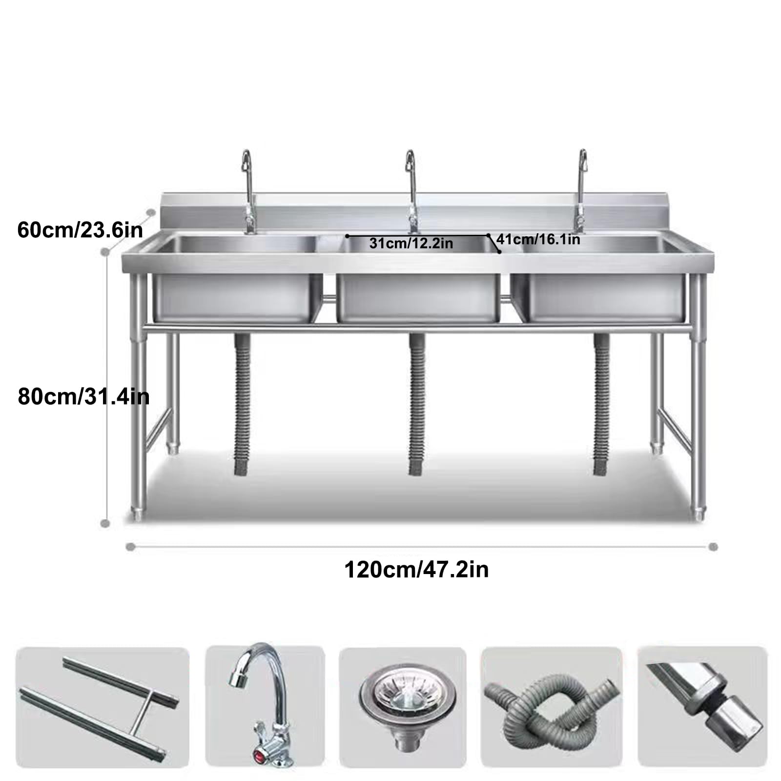 Lavello da Bar a 3 Scomparti in Acciaio Inox, autoportante, per Cucina Professionale, Ristorante, Lavanderia, Garage (120x60 cm/47,2x23,6 Pollici)