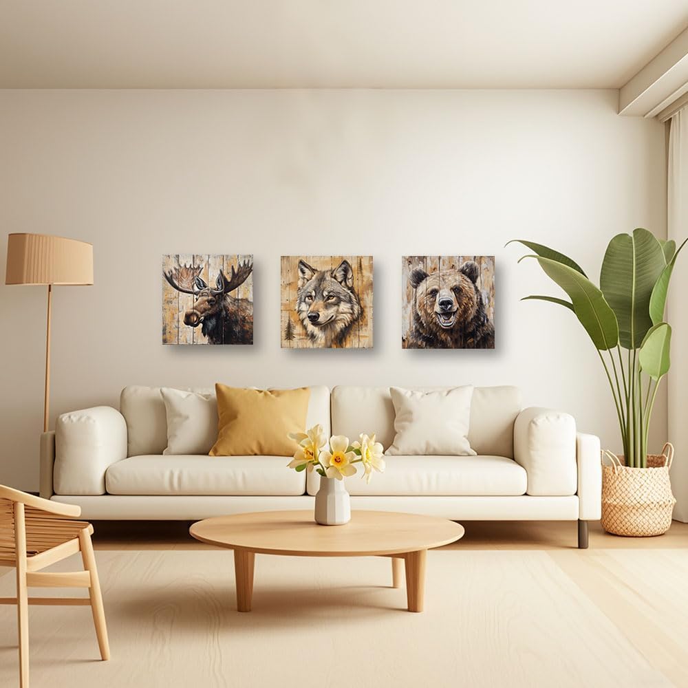CXHOSTENT Forest Animal Wall Art Wildlife Canvas Hunting Decor 3 Pieces Bear Wolf Moose Pictures Wild Animal Poster Living Room Cabin Decor Framed (12x12inchx3Pcs)