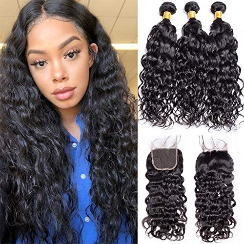 Lemoda Brazilian Water Wave 10A Hair 3 Bundles With 4x4 Free Part Lace Closure 100% Unprocessed Human Hair Extensions Natural Color (14 16 18+12) inches