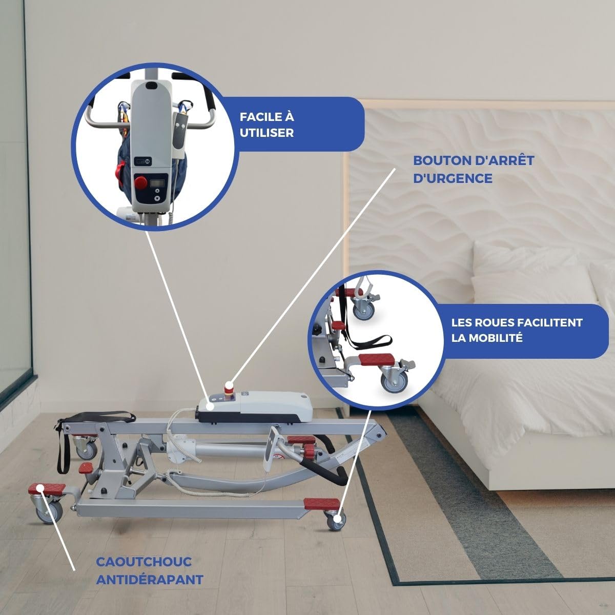 Mobiclinic®, Lève-Personne Électrique pour Personnes Âgées, Pliable, Jusqu'à 180 kg, Structure Pré-assemblée, Harnais de Transfert Inclus, Largeur Réglable, Roues avec Freins, Acier, Fortuna