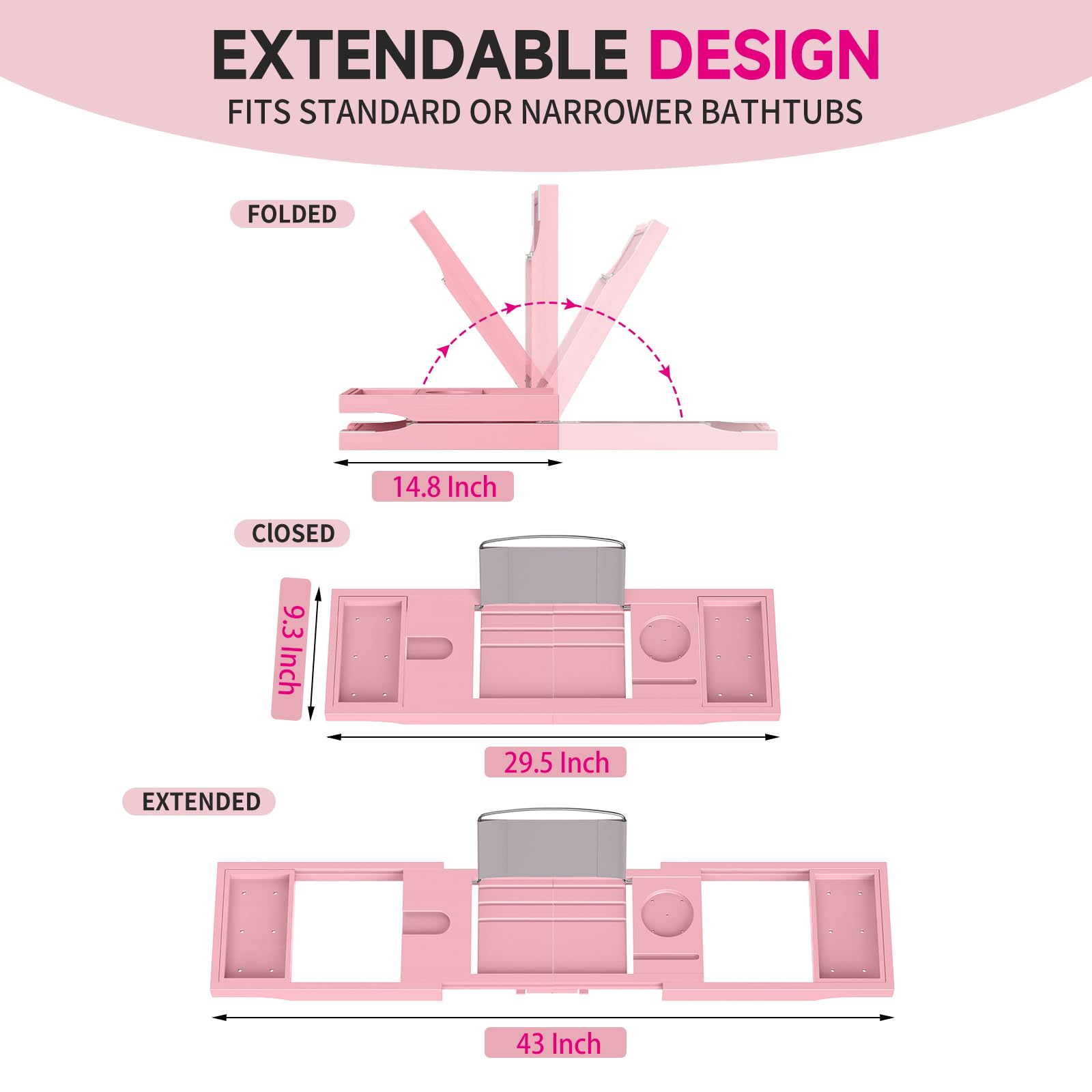 Bandeja Plegable para bañera, Bandeja de bambú para bañera con Soporte para Copas de Vino, Soporte para Libro, teléfono, Tableta con Lados Extensibles, Ajustable, Soporte para jabón Gratis (Rosa)