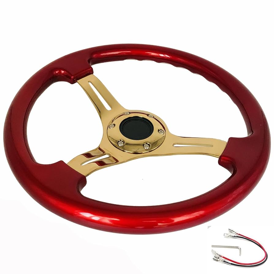 ウッド 赤い3スポークステアリングホイール14インチ350cm Amazon | ユニバーサルレッド木目ハンドルゴールドスポーク14