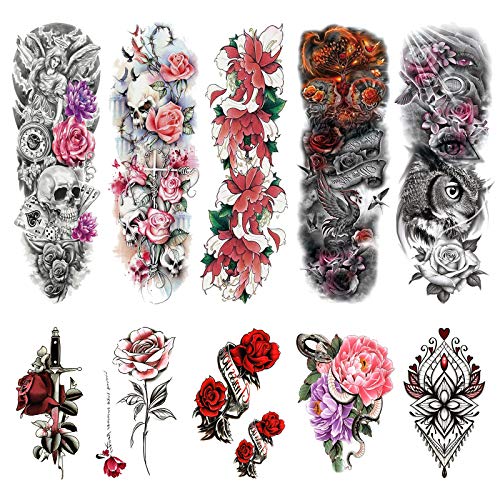 LongTeco Temporary Tattoos 10 Sheets, Tattoo Sleeve for Women Adults Teenager (5 Sheets Full Arm Tattoos, 5 Sheets Half Arm Fake Tattoo)