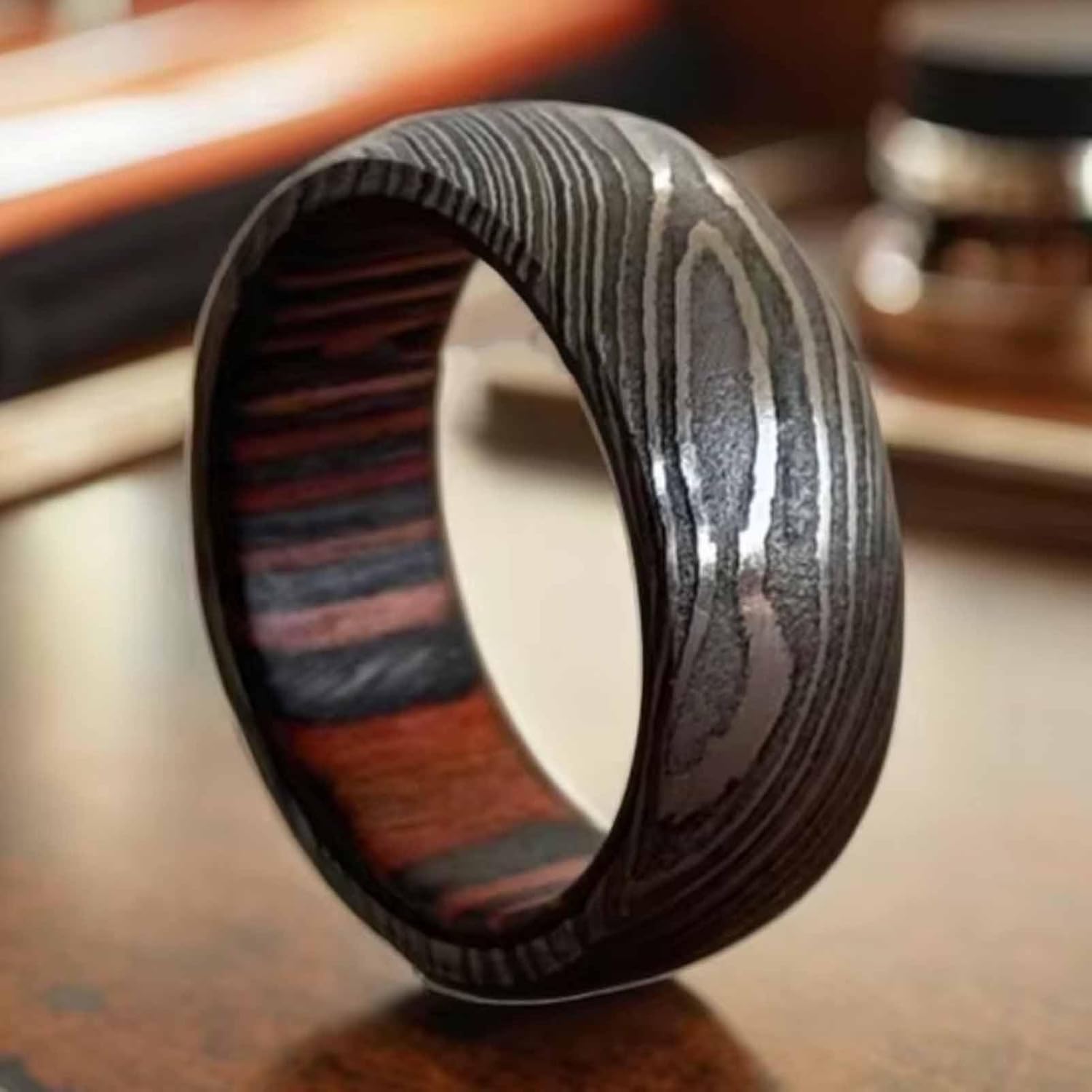 Jewelry's 8mm Damascus Steel Whiskey Barrel Wood Dome Ring Rose Gold for Wedding Engagement Party Gift