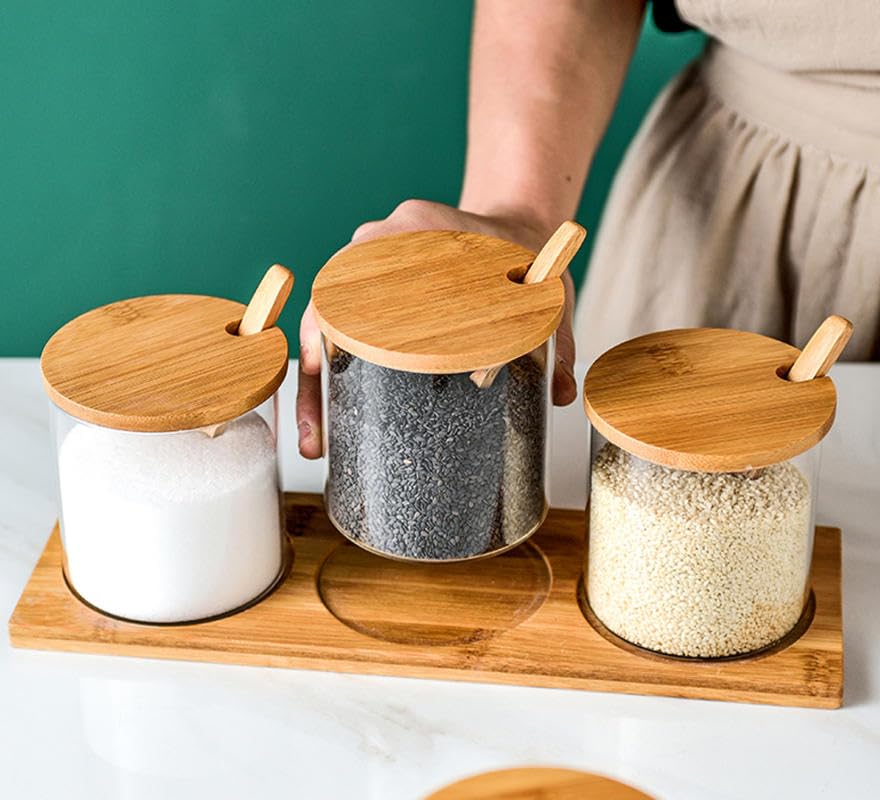 Luminexia Barattolo per condimenti da Cucina,Set di barattoli per condimenti in Vetro con coperchi e Cucchiaio di bambù,Scatola per condimenti in Vetro,per conservare Lo Zucchero di Sale di e spezie