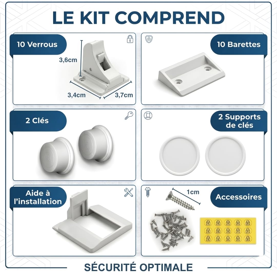 Serrure Magnétique Invisible pour Sécurité Enfant et Bébé – 10 Verrous & 2 Clés – Protection pour Placards, Portes & Tiroirs – Blocage Avec Ou Sans Perçage