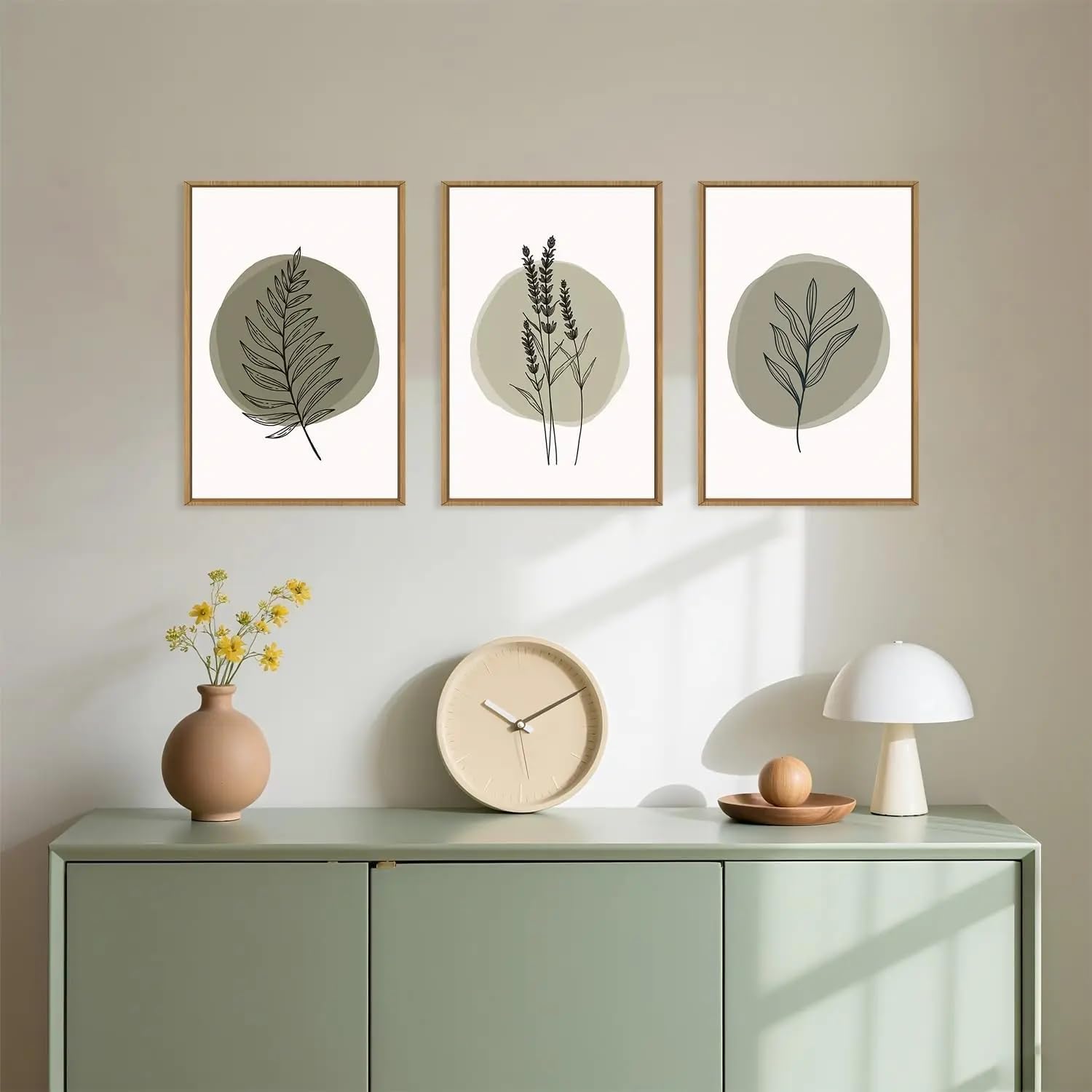 LTjiajuypd Leinwandposter mit salbeigrünem Blattmotiv, minimalistisches Wandbild im Bohème-Stil für Wohnzimmer und Zuhause (60 x 85 cm - 3-teilig)