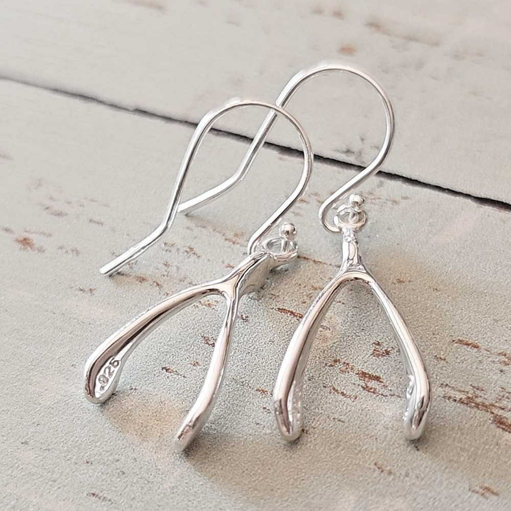 Sterling Silver Small Wishbone Charm Dangle Earrings