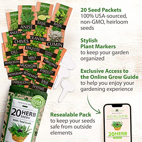 20 Culinary Herb Seed Vault - Heirloom And Non Gmo - Seeds For Planting For Indoor Or Outdoor Herbs Garden, Basil, Cilantro, Parsley, Chives, Lavender, Dill, Marjoram, Mint, Rosemary, Thyme #TOP2