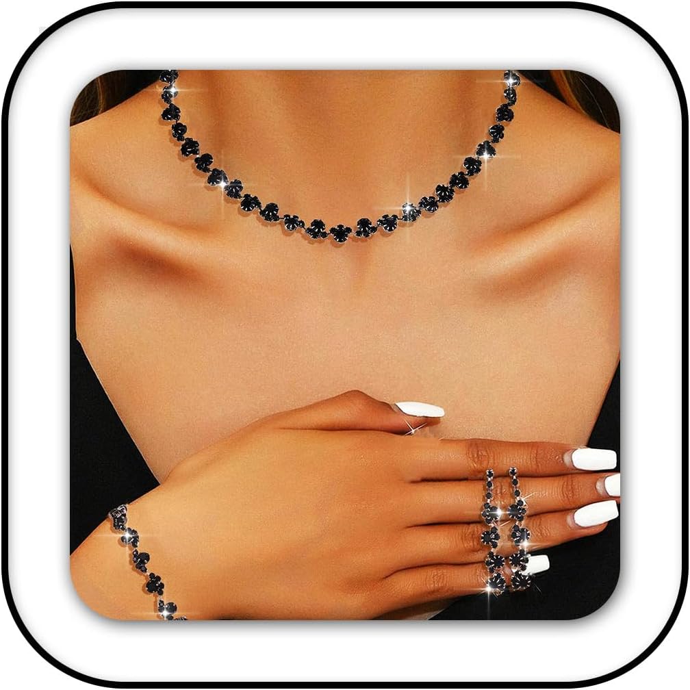 Aukmla Bridal Wedding Jewelry Set Silver Rhinestones Choker Necklaces Earrings Bracelet Sets Prom Jewelry for Women and Brides