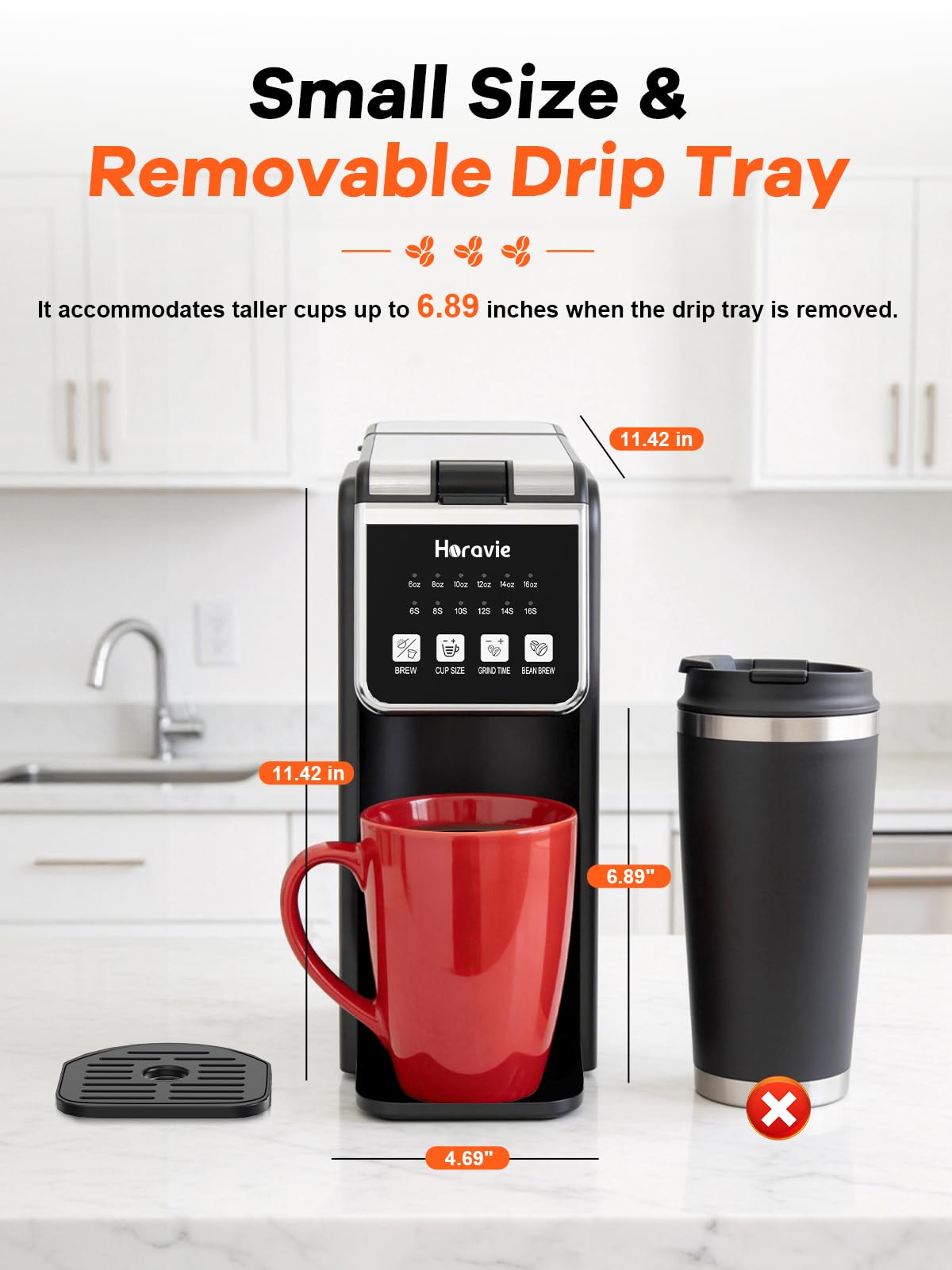 Horavie Single Serve Coffee Maker with Built-in Grinder, Fast Brew 6-16oz Single Cup for Whole Beans, Grounds, K Pod, Grind and Brew Coffee Maker with 47oz Water Tank, Descaling Alert, Black — view 7