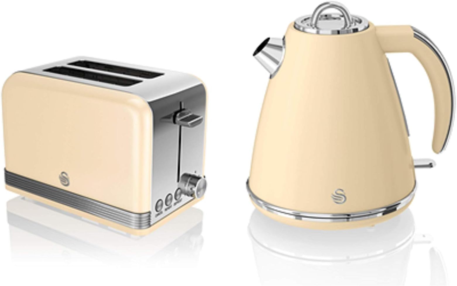 Swan, STP7040CN, Retro 1.5L Jug Kettle & 2 Slice Toaster, Stainless Steel Body, 3kw, Slide Out Crumb Tray, Auto-Centering (Cream)