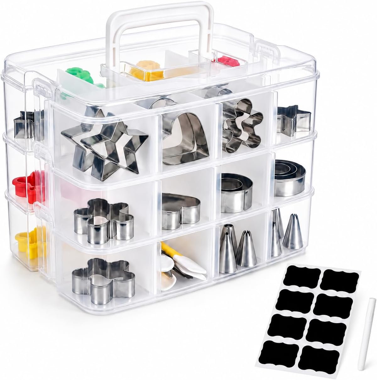 Cookie Cutter Organizer, 3 Tier Baking Storage Box with Transparent Dustproof Lid, 12 Adjustable Compartments,Portable Handle,Clear Container for Cake Decorating Supplies and Biscuit Cutters