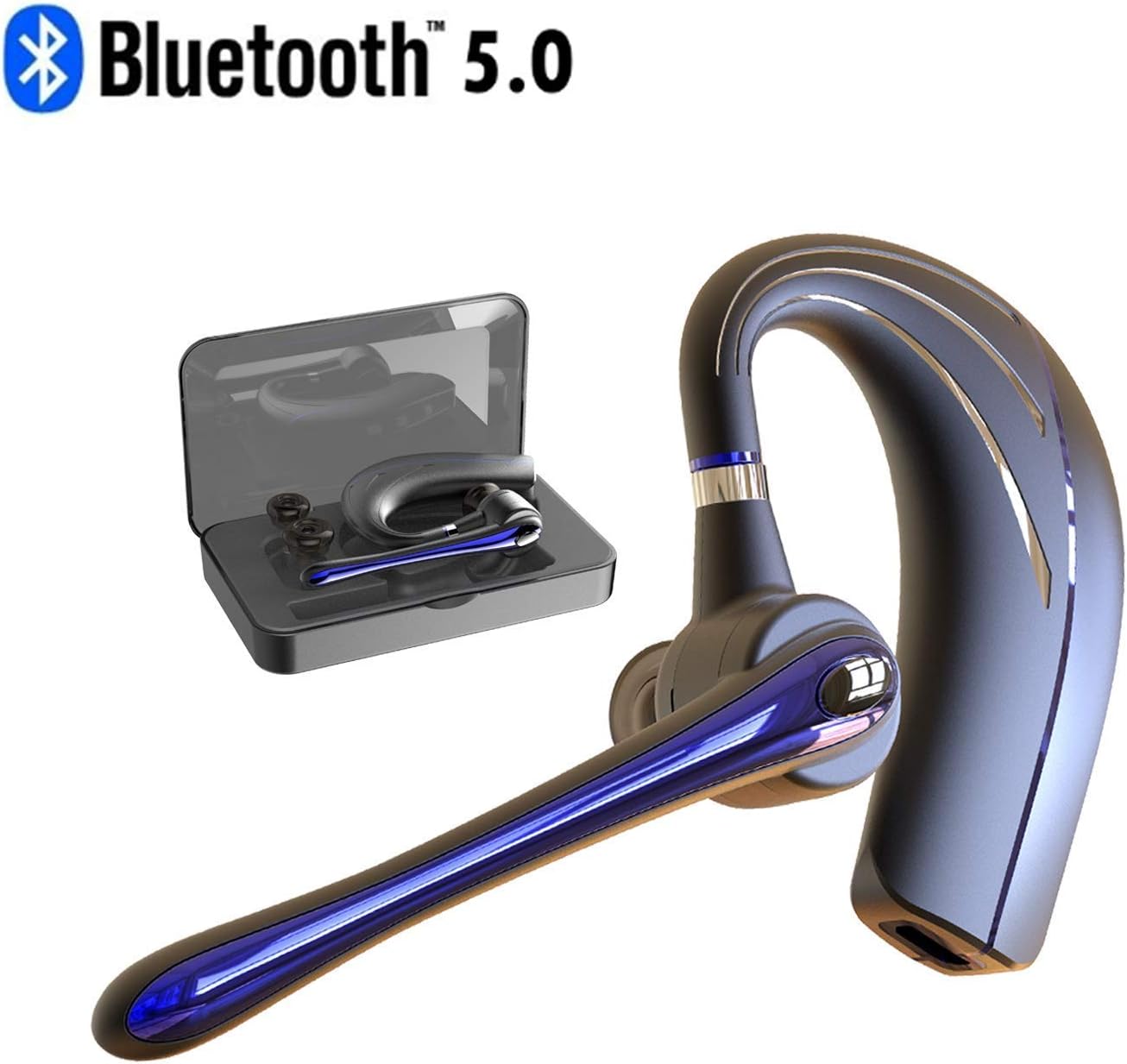 Bluetooth Headset HONSHOOP Bluetooth 5.0 Noise Reduction Bluetooth Earpiece in Ear Wireless Headphones Mic Earphones Business/Workout/Driving Black Blue Pro