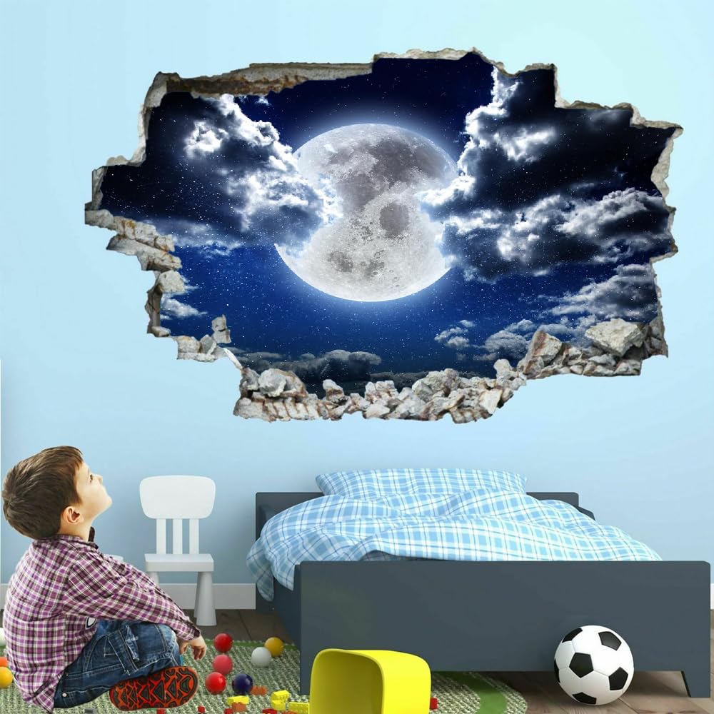 Pegatinas De Pared Murales Calcomanías, Luna Tatuaje De Pared 3D Roto, Paisaje Nocturno Vinilo De Pared Para Decoración De Arte Del Hogar, Decoración De Habitación De Niños 120x80cm