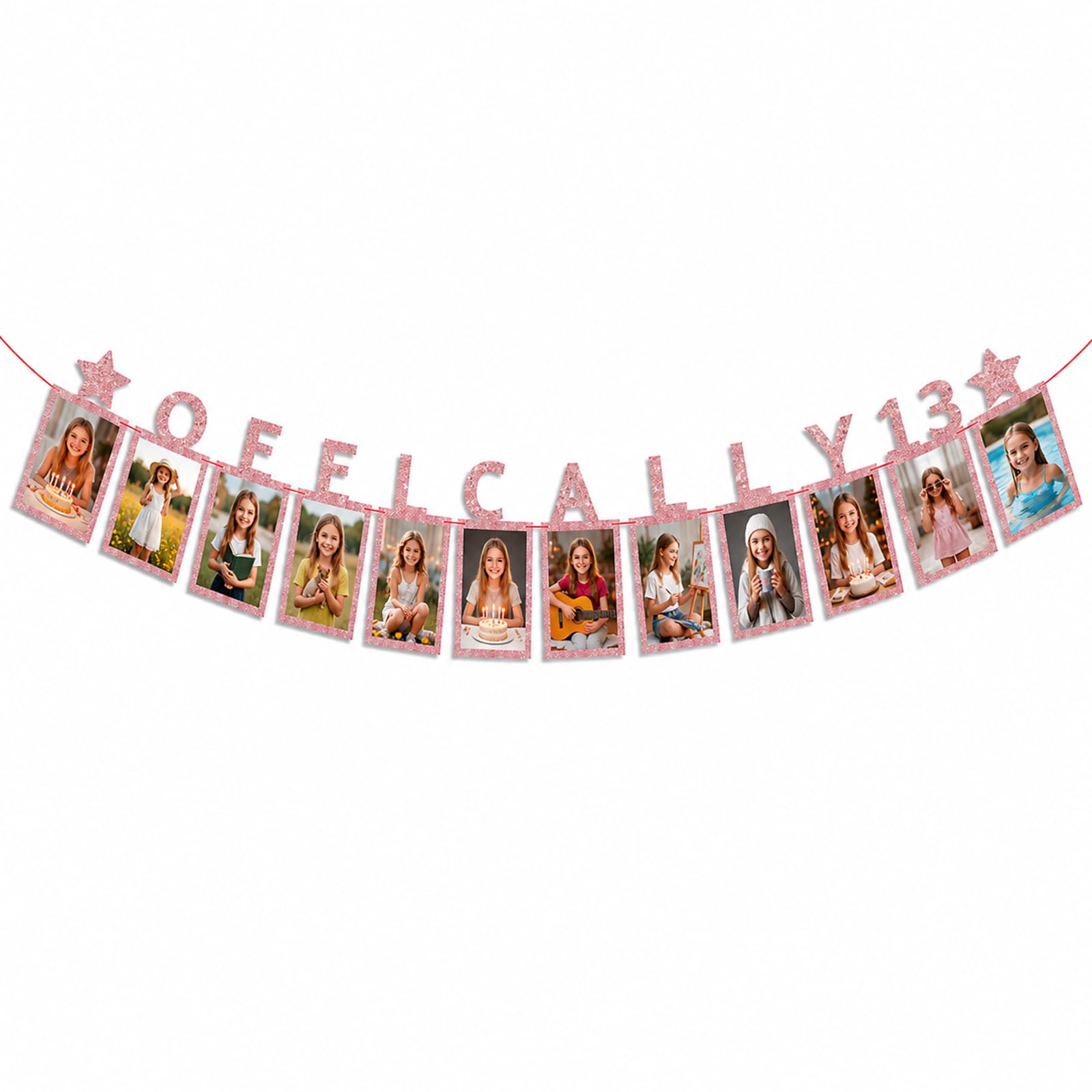 Dplolng 13th Birthday Photo Banner,13th Photo Banner with String and Adhesive 13 Birthday Party Decorations for Girls Party Supplies (Rose Gold)