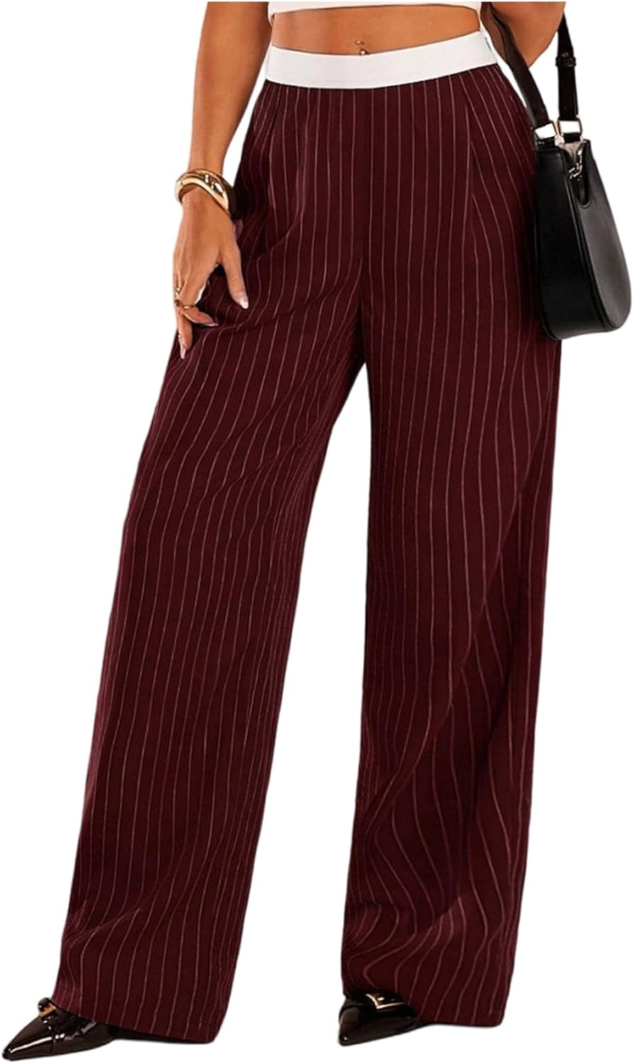 WDIRARA Women's Striped Straight Leg Pants Dressy Elastic Waist Long Trousers