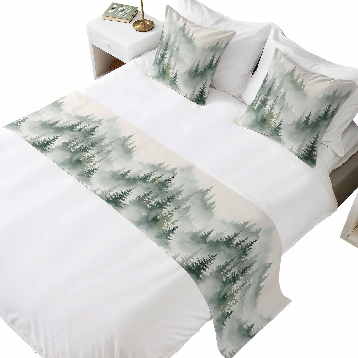 3pcs Forest Bed Runner Set, 83x20in, Fantasy Watercolor Rustic Cottagecore Nature Tree Plant Queen Bed Runner Scarf & 2 Pillowcases, Soft Bedding Scarves for Home Hotel Decorations
