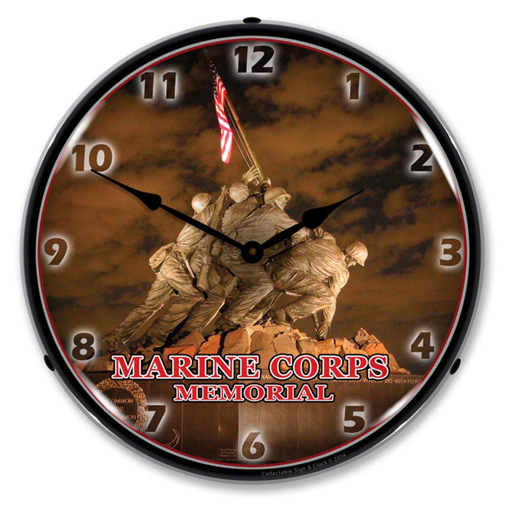 Marine Corps Memorial, Iwo Jima LED Wall Clock, Retro/Vintage, Lighted, 14 inch