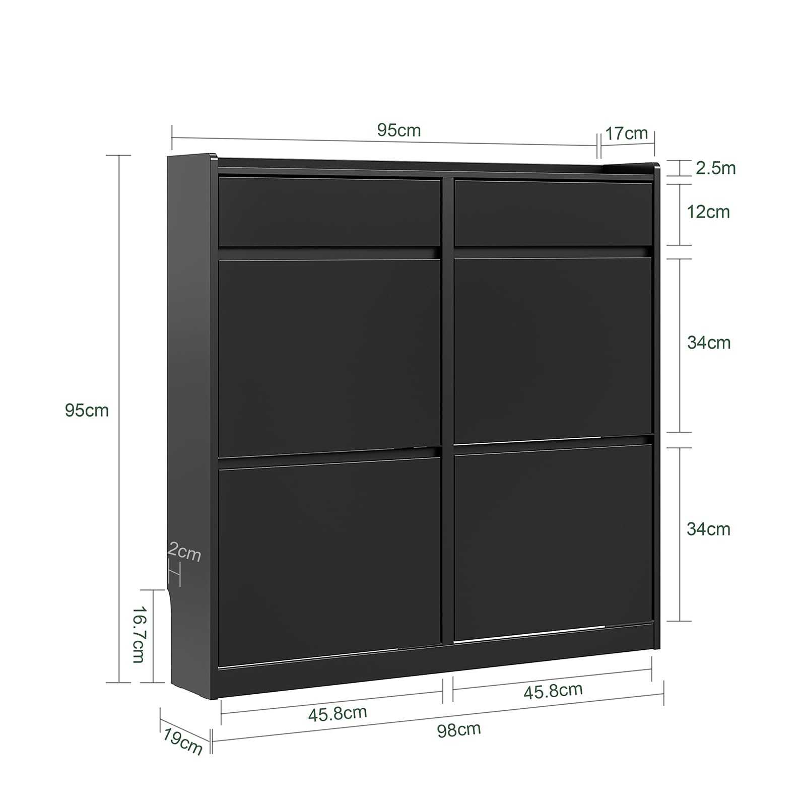 SoBuy Zapatero con 4 Abatibles y 2 Cajones 19 cm Entrada | Gran capacidad de almacenaje, diseño estrecho ideal para pasillo, recibidor y apartamentos pequeños, FSR169-SCH