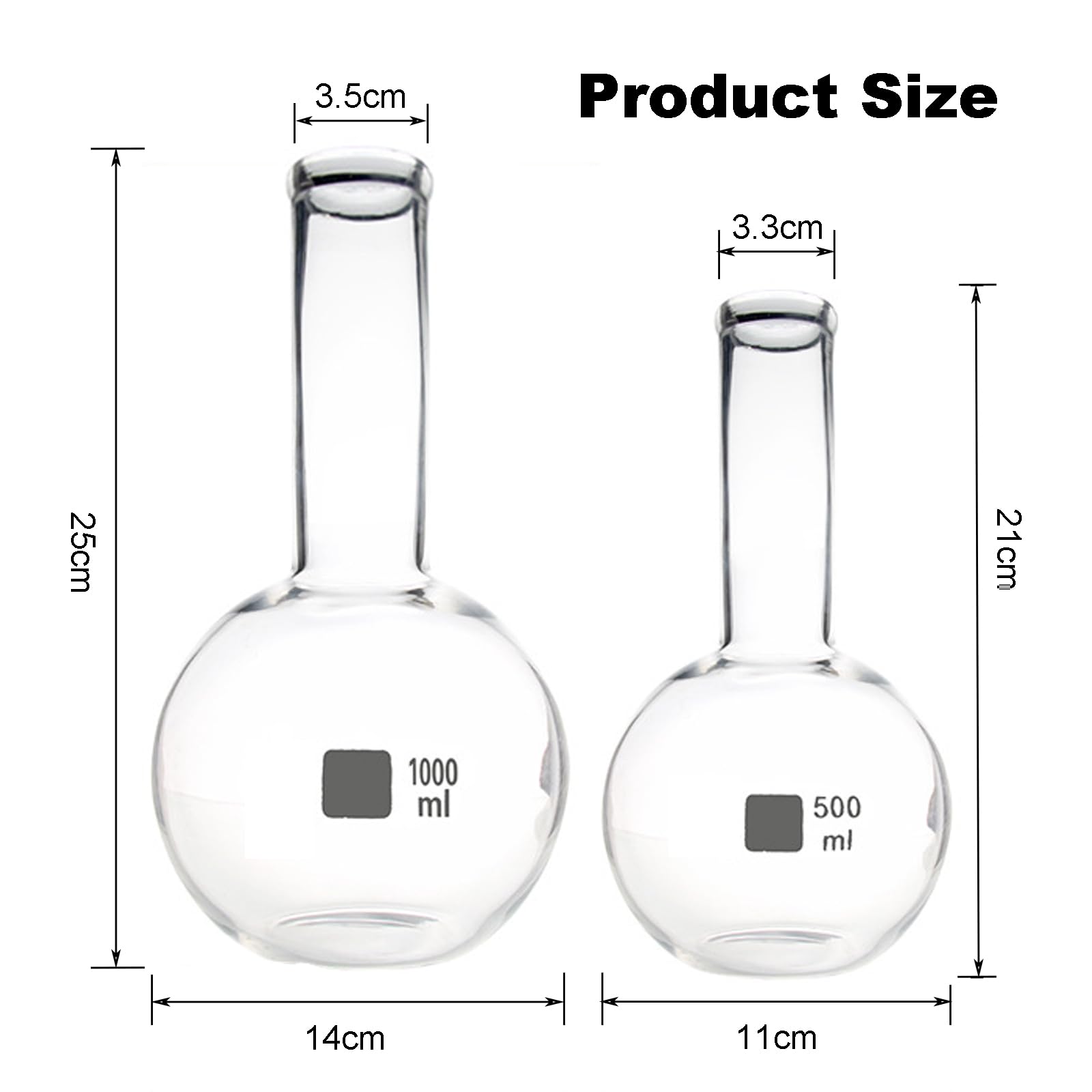 Pallone Per Ebollizione A Fondo Piatto in Vetro Borosilicato - Pallone Da Laboratorio A Collo Stretto Per Riscaldamento Ed Esperimenti, Vetro 3.3 Resistente Con Trasparenza, 500 Ml/1000 Ml/2000 Ml