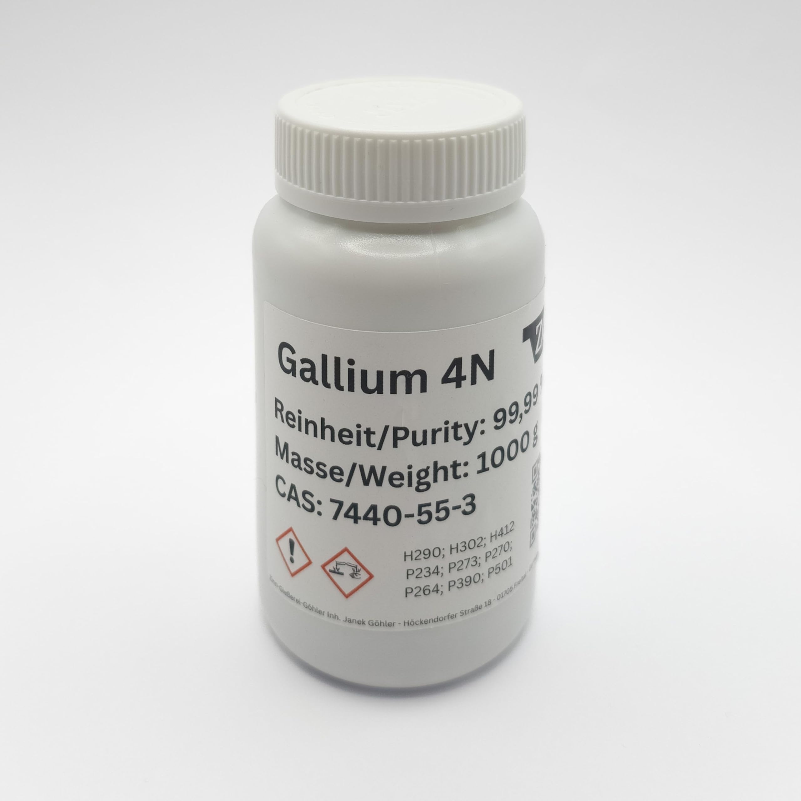 Gallium 4N Ga99,99 w butelkach 1 kg, z certyfikatem czystości i numerem partii, galem o wysokiej czystości, idealnie nadaje się do obróbki
