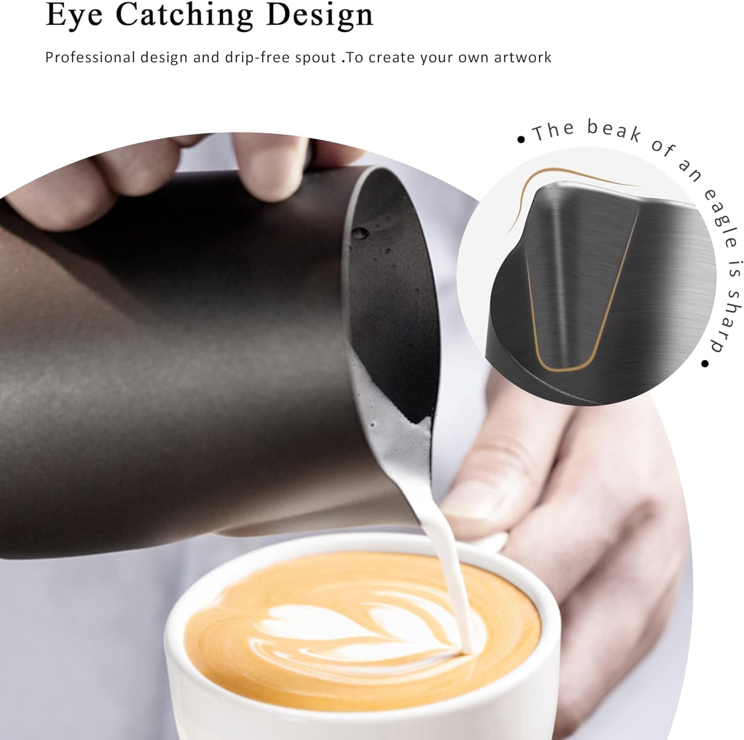 Milchkännchen Edelstahl 400ml, Milk Pitcher 400ml 12 Fl.oz. Milchkanne Aus Edelstahl, Milch Aufschäumen Für Cappuccino Und Latté, Embossed Scale, Schwarz