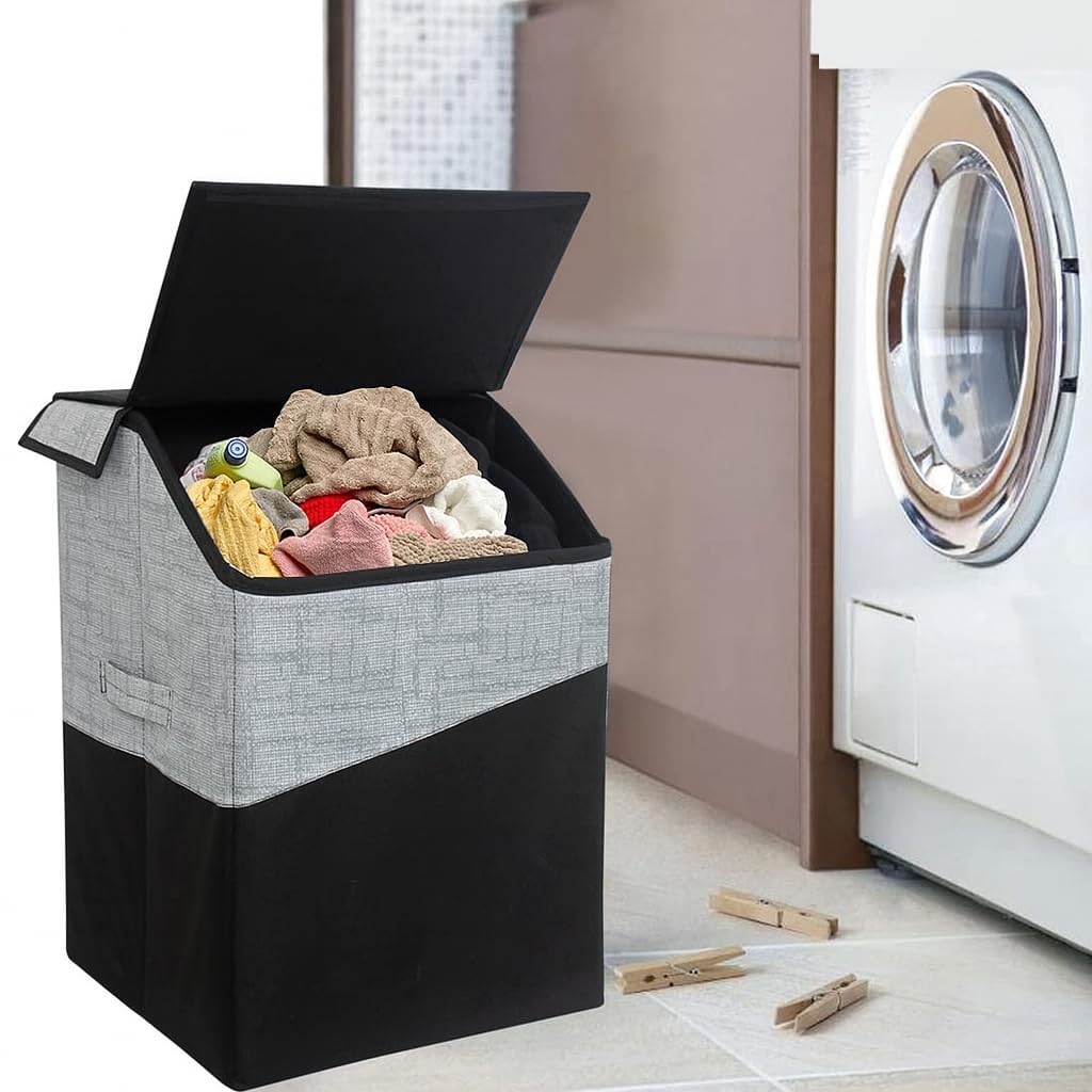 ZOVIRA Foldable Laundry Hamper, Grey and Black, Premium Fabric, 75L Capacity, Collapsible Storage Basket with Lid (Black)-image-35