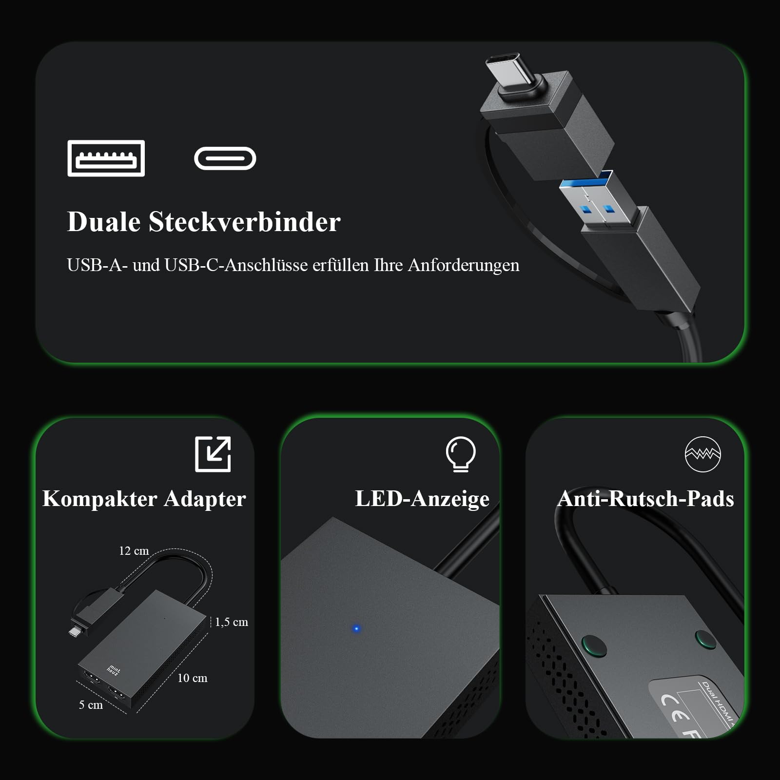 Minthouz USB 3.1/USB C auf Dual HDMI Adapter, DisplayLink Dual 4K@60Hz HDMI Splitter 2 Monitore Gleichzeitig für Dell HP Surface Lenovo, Unterstützt Windows and M1/M2/M3/M4 MacBook