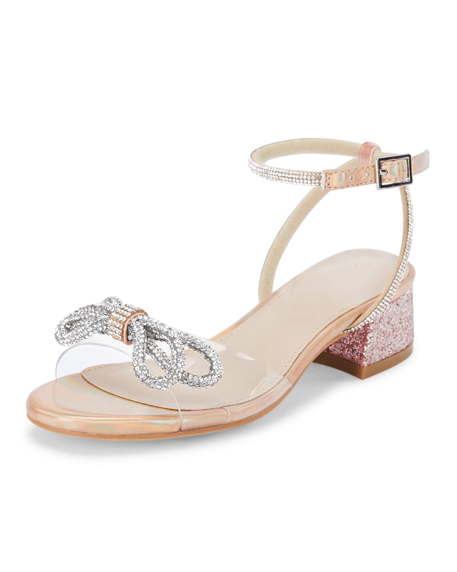 Coutgo Girls Rhinestone Sandals Low Chunky Heels Bow Open Toe Glitter Dress Shoes for Toddler Little Big Kid