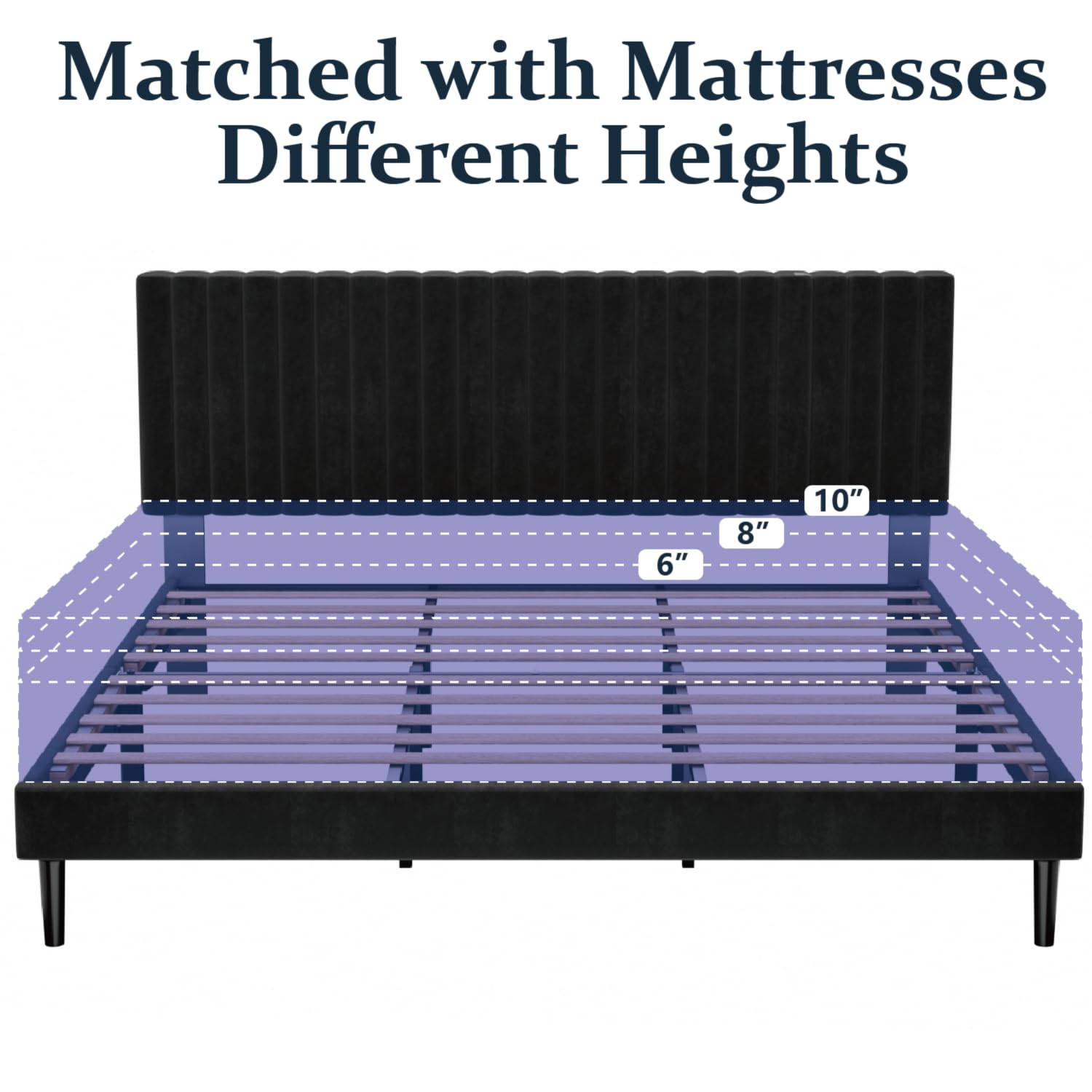 Base de cama tamaño King, base de cama con plataforma tamaño King y cabecera tapizada de terciopelo con listones de madera fuertes, somier opcional, base de colchón, fácil montaje, color negro 6