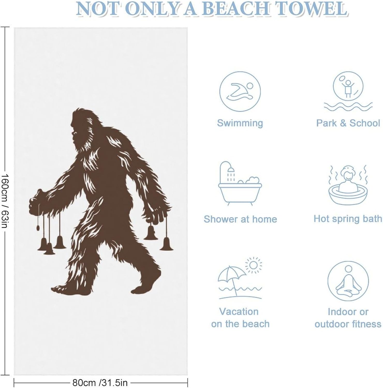 Bigfoot Carrying Wind Chimes Sasquatch Bath Towel Beach Towels Quick Dry Oversized Bath Blanket Highly Absorbent Towel for Women Men 160x80cm