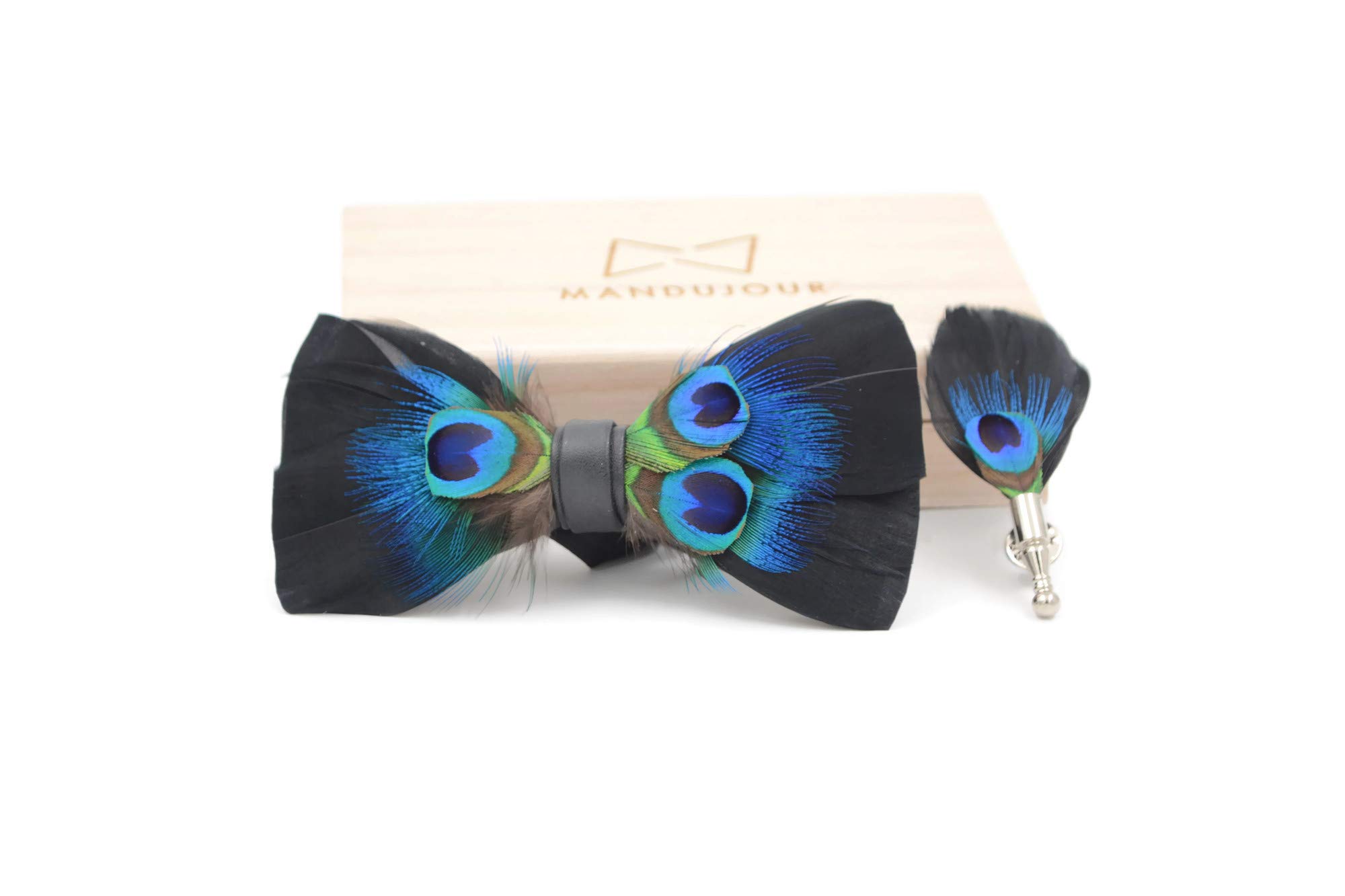 Mandujour Handcrafted Peacock Feather Bow Tie & Lapel Pin Set - Elegant Midnight Black Accessory for Men