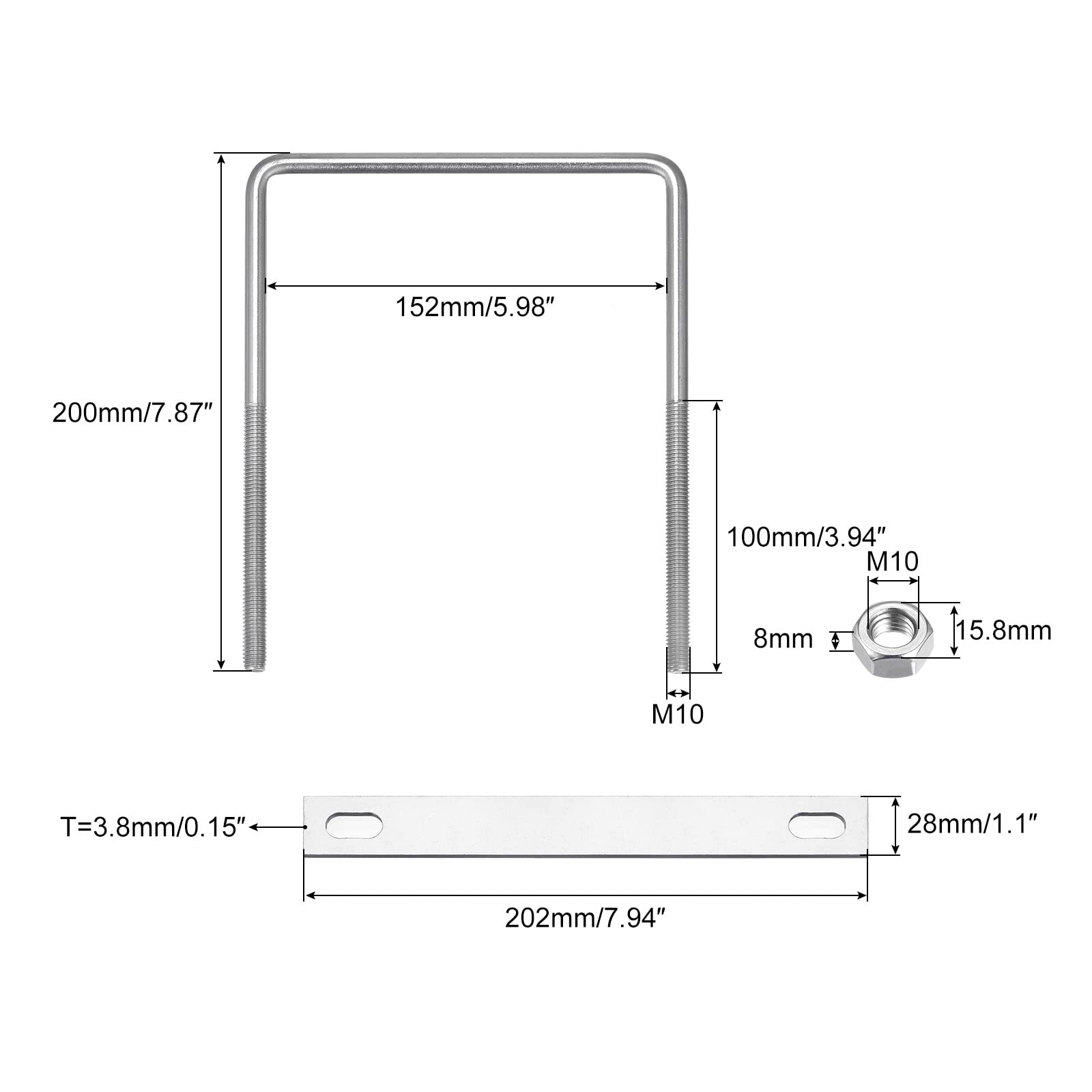 Amazon | uxcell 角Uボルト 152 mm内幅 200 mm長さ M10 304