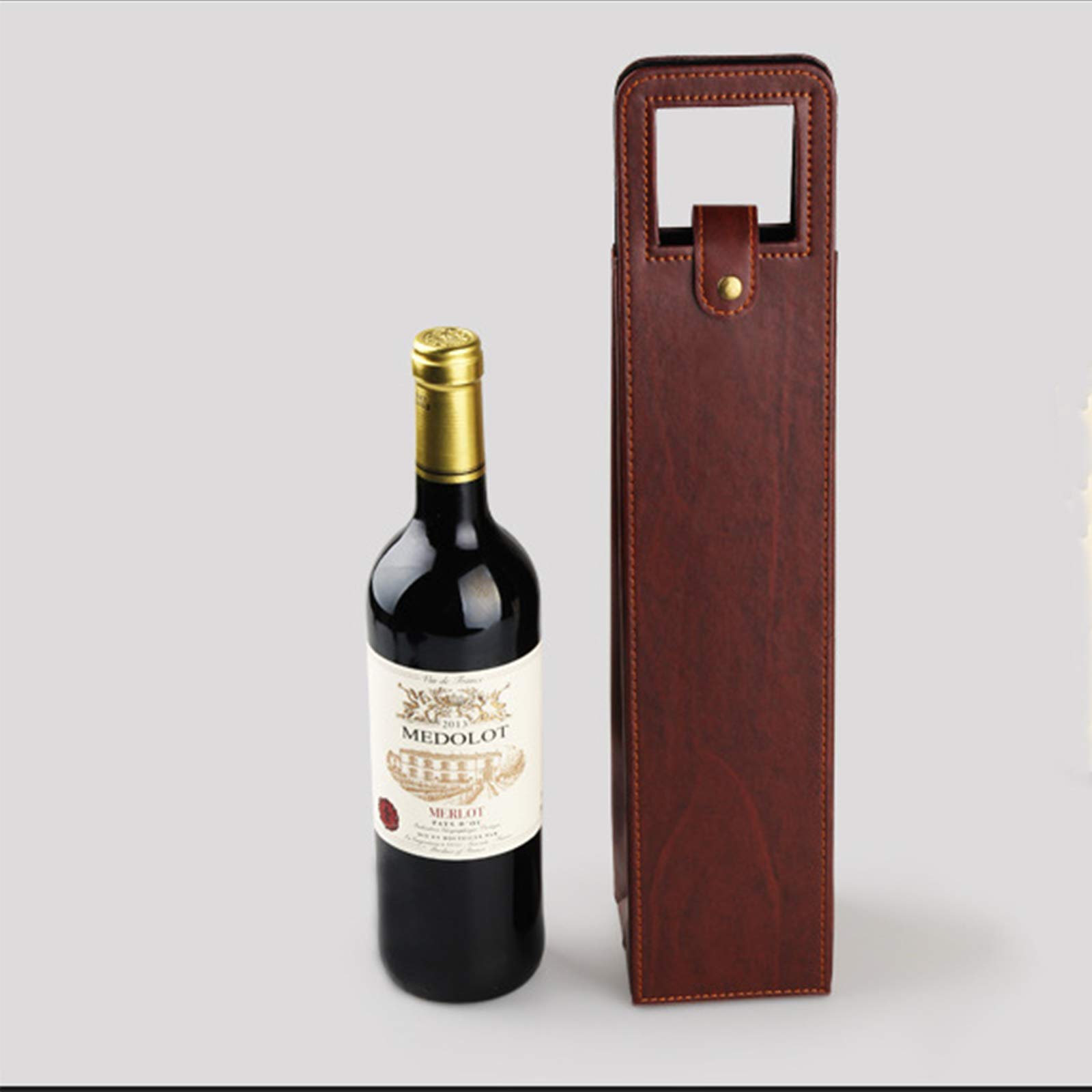 MINIDUO Wine Tote Carrier Bag, Single Bottle Leather Bag With Handles, Reusable, Brown