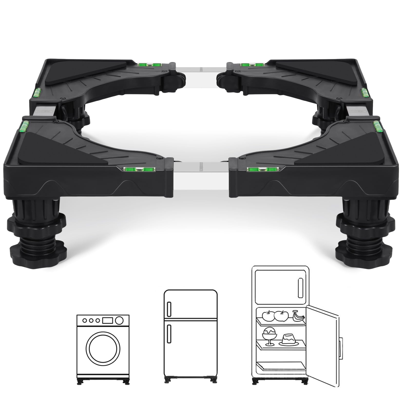 Support Machine à Laver avec 4 pieds rembourrés verrouillables, Réglable Largeur 40-62cm et Hauteur 10-12.5cm, Socle Lave Linge Charge 200KG, Bases de Réfrigérateur et Sèche-Linge, Noir